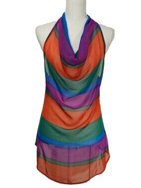 Vintage Y2k Top Sheer Sleeveless Blouse Colorful Cowl Neck Serape Stripe